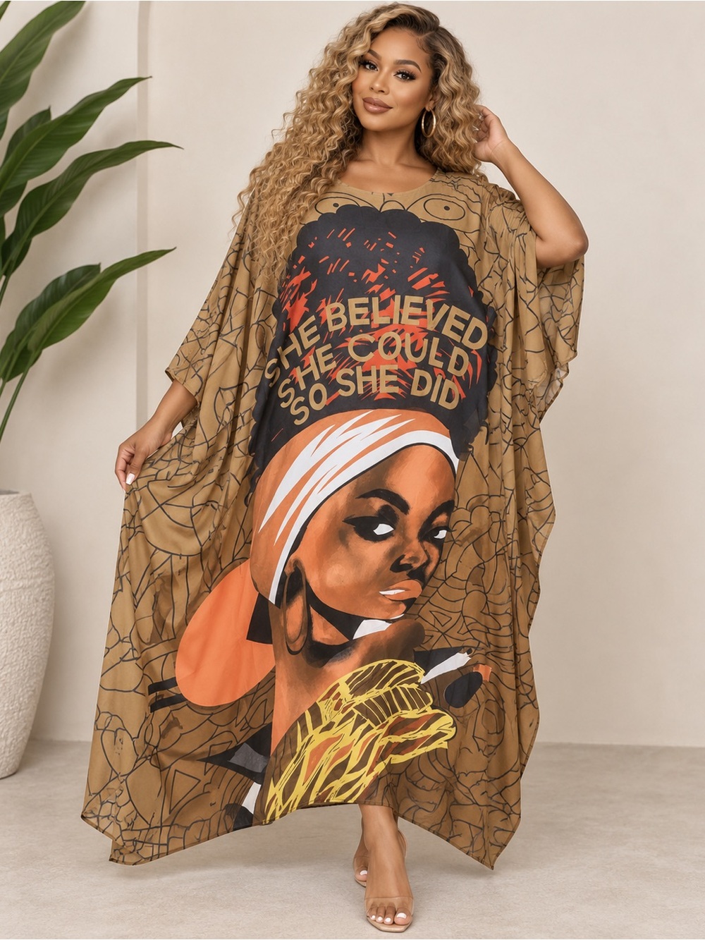 Women’s Brown Graphic Cover-Up Kaftan – Inspirational Print